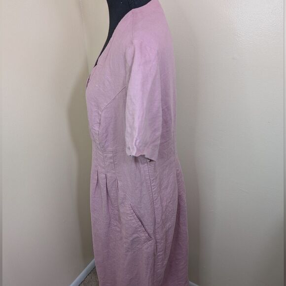 Chic Pa Midi Dress 100% Linen V-Neck Short Sleeve Lagenlook Pockets - Picture 3 of 13